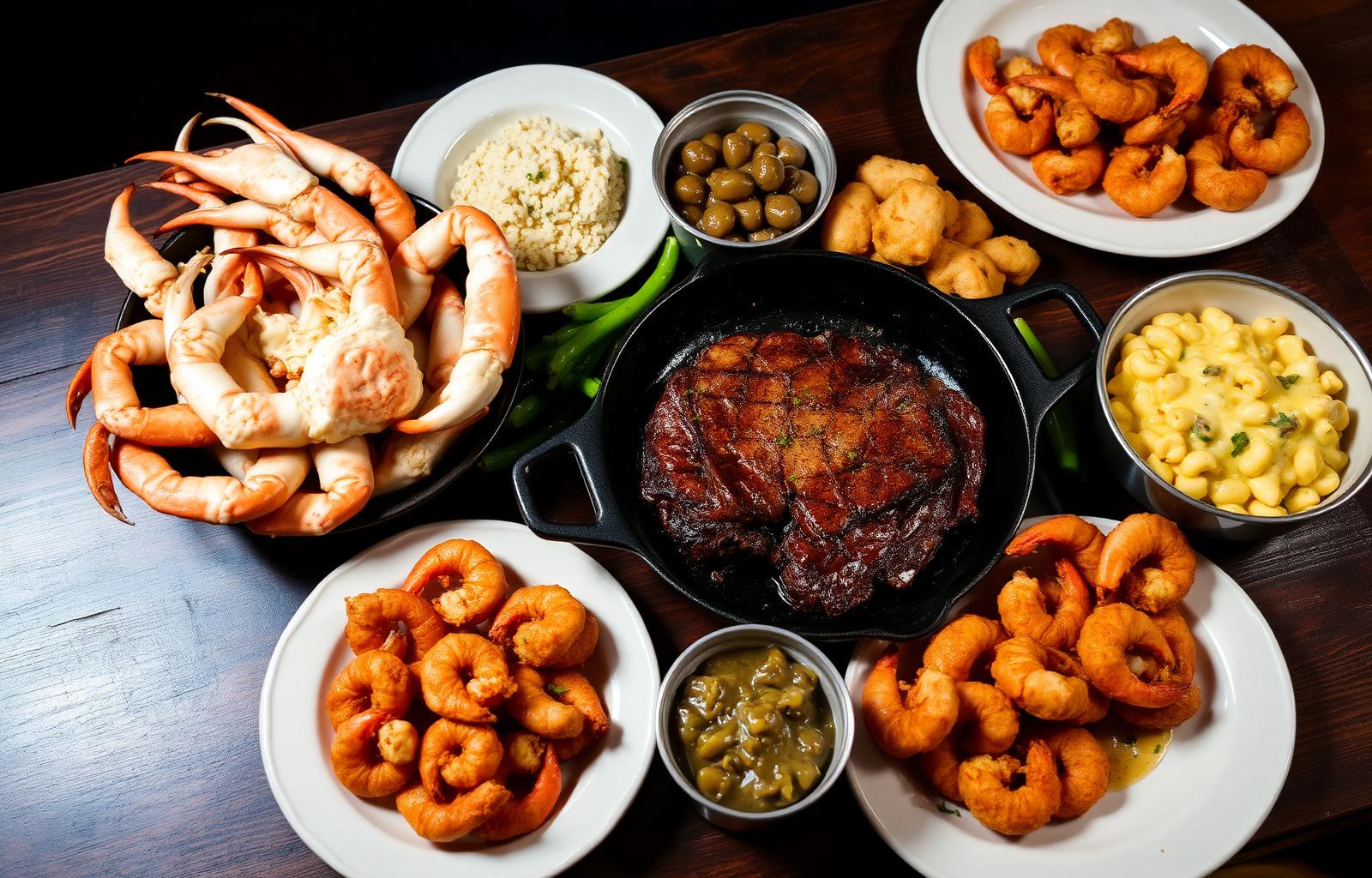 Snow crab legs, sizzling steak and Southern sides on a rustic table